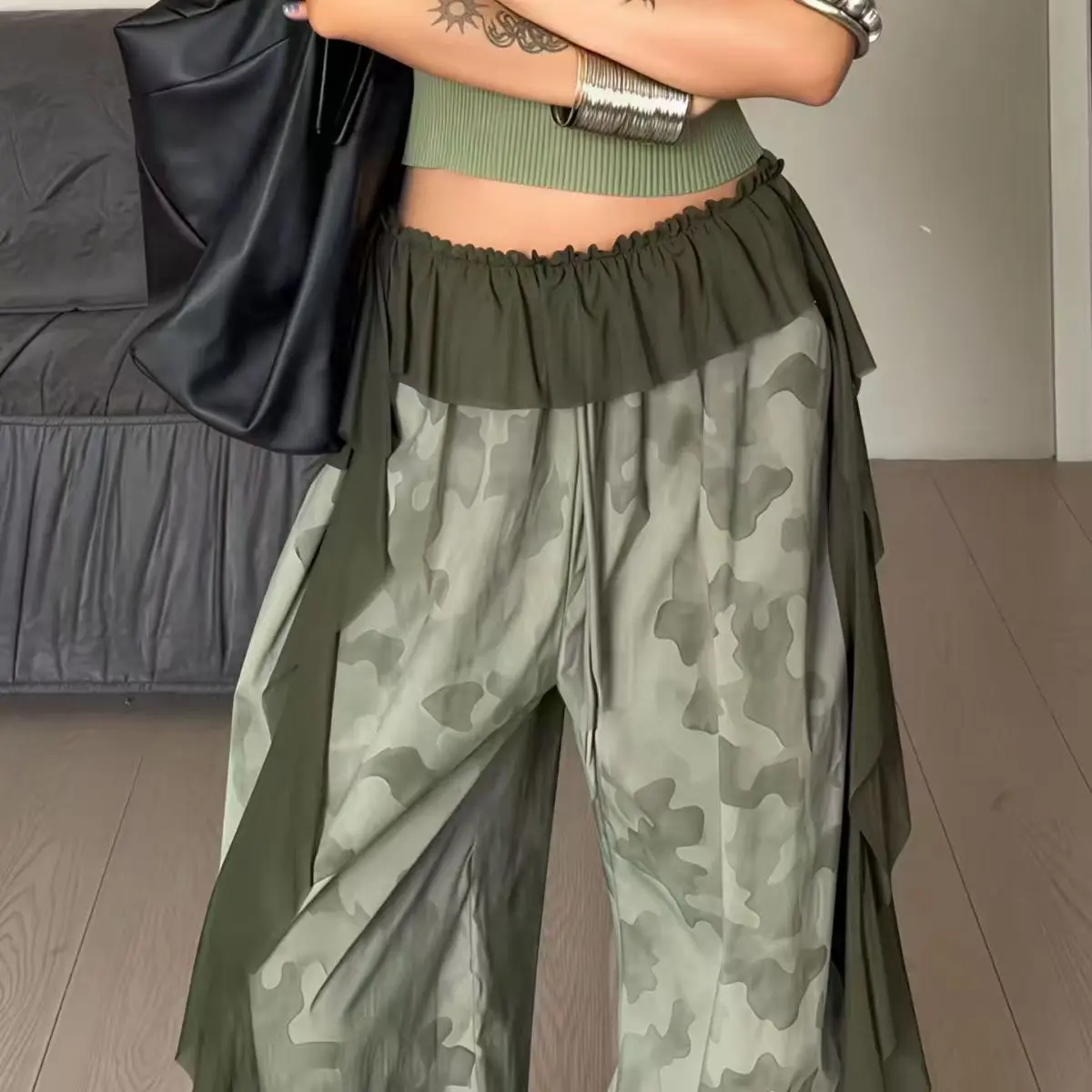 الأمريكية Y2K الهيب هوب الدانتيل المرقعة التمويه بانت المرأة الشارع الشهير البضائع السراويل خمر عالية الخصر الخريف تصميم واسعة الساق بانت