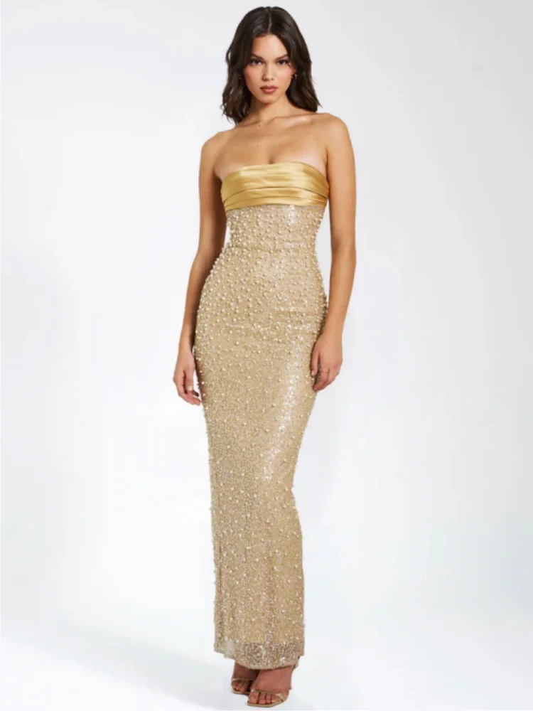 

Gold Color Women Sexy Strapless Shinning Sequins Bodycon Long Dress Fashion Celebrate Evening Party Birthday Dress Wholesale