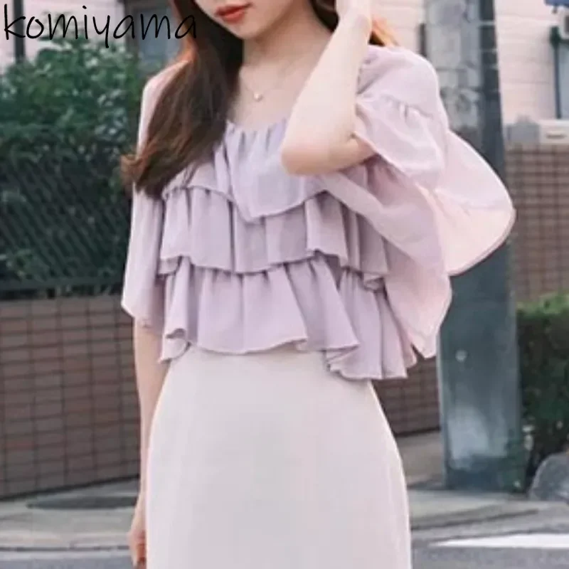 Summer New U-neck Woman Clothing Ruffles Blusas Mujer Japanese Sweet Shirts & Blouses 2025 Fashion Camisas Temperament Shirt