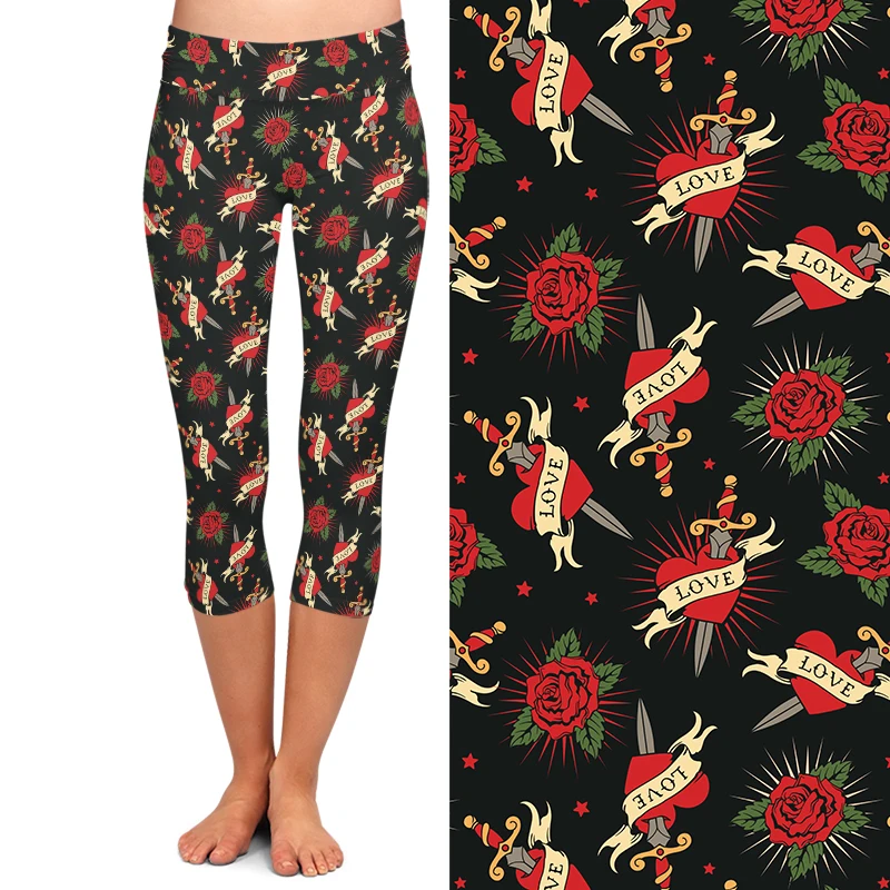 LETSFIND High Quaility Sexy Women Capri Leggings High Waist Rose Heart and Sword Print Sexy Slim Stretch Mid-Calf 3/4 Pants