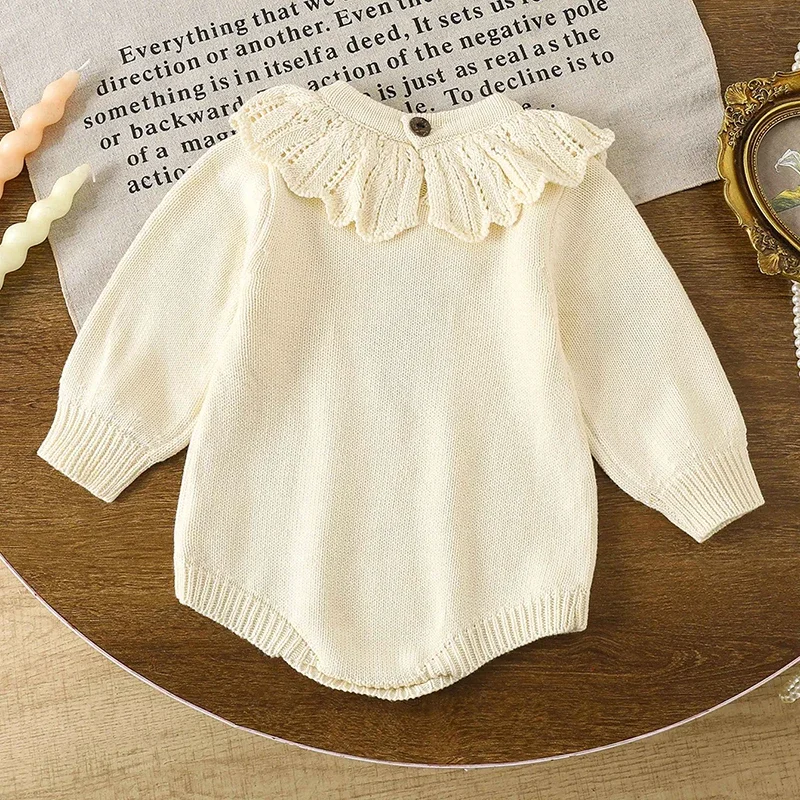 2025 New Autumn 0-24M Toddler Baby Girl Knitted Romper Long Sleeved Floral Embroidery Korean Style Climbing Suit