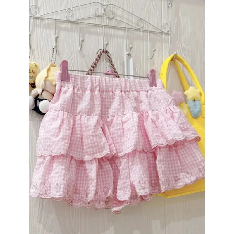 Japanese Style Sweet Cake Short Skirt Women Summer New Lovely High Waist Embroidery Mini Skirt Fashion Plaid Y2k Cute Skirts