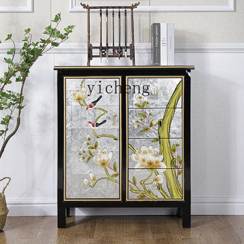 New Chinese Style Solid Wood Small Size Thin Sideboard Cabinet Living Room Multi-Functional Locker Tea Cabinet