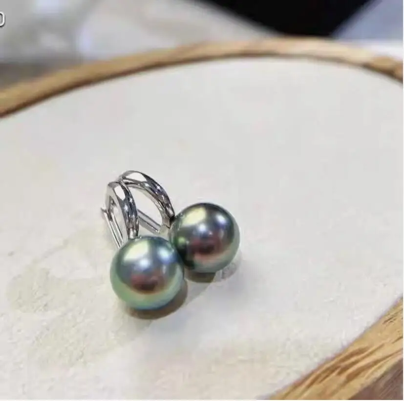

stunning pair of 9-10mm tahitian round black green pearl earring 925s