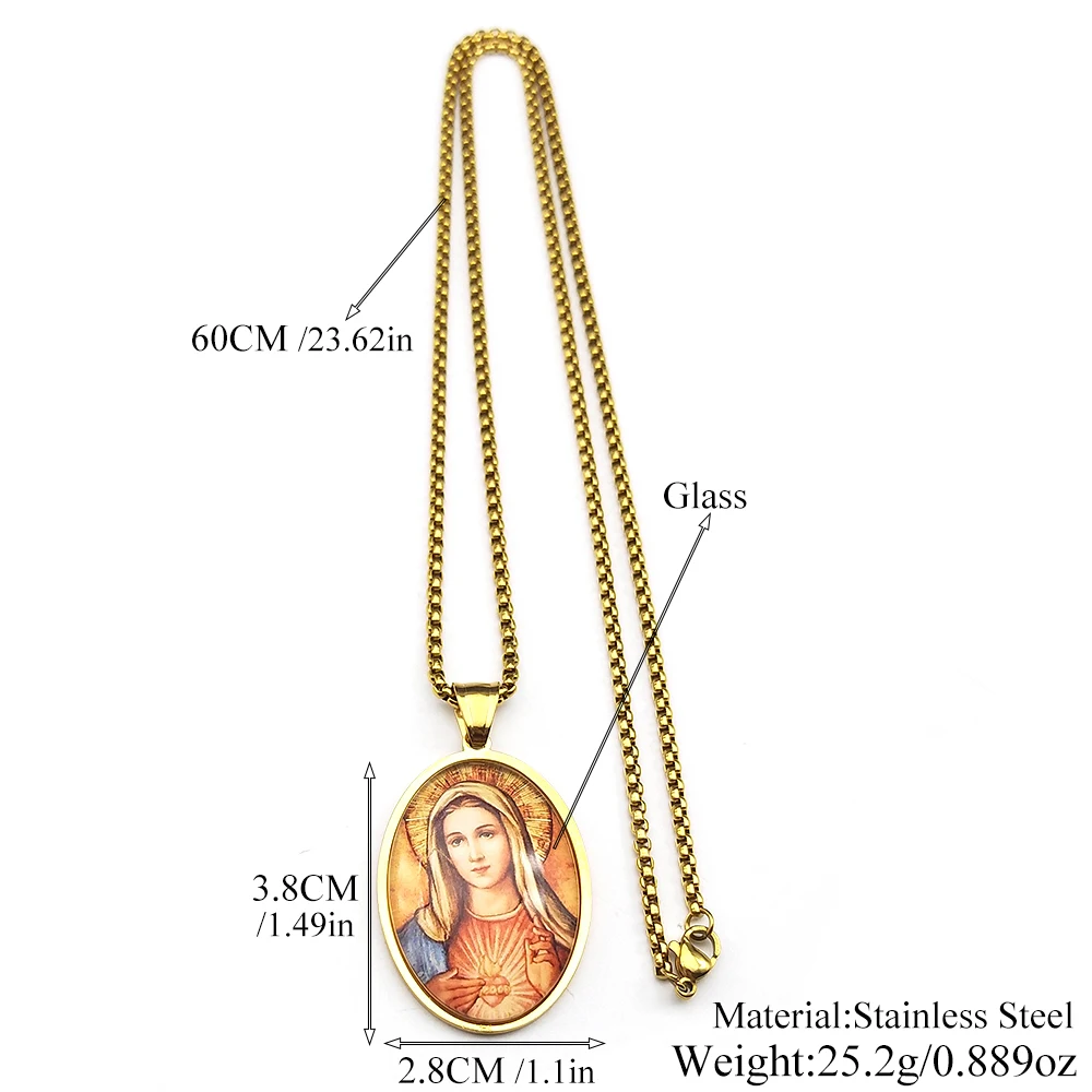 القلب المقدس مريم العذراء الزجاج البيضاوي ميدالية قلادة قلادة للنساء الرجال الفولاذ المقاوم للصدأ الفضة اللون الكاثوليكية تميمة المجوهرات #6