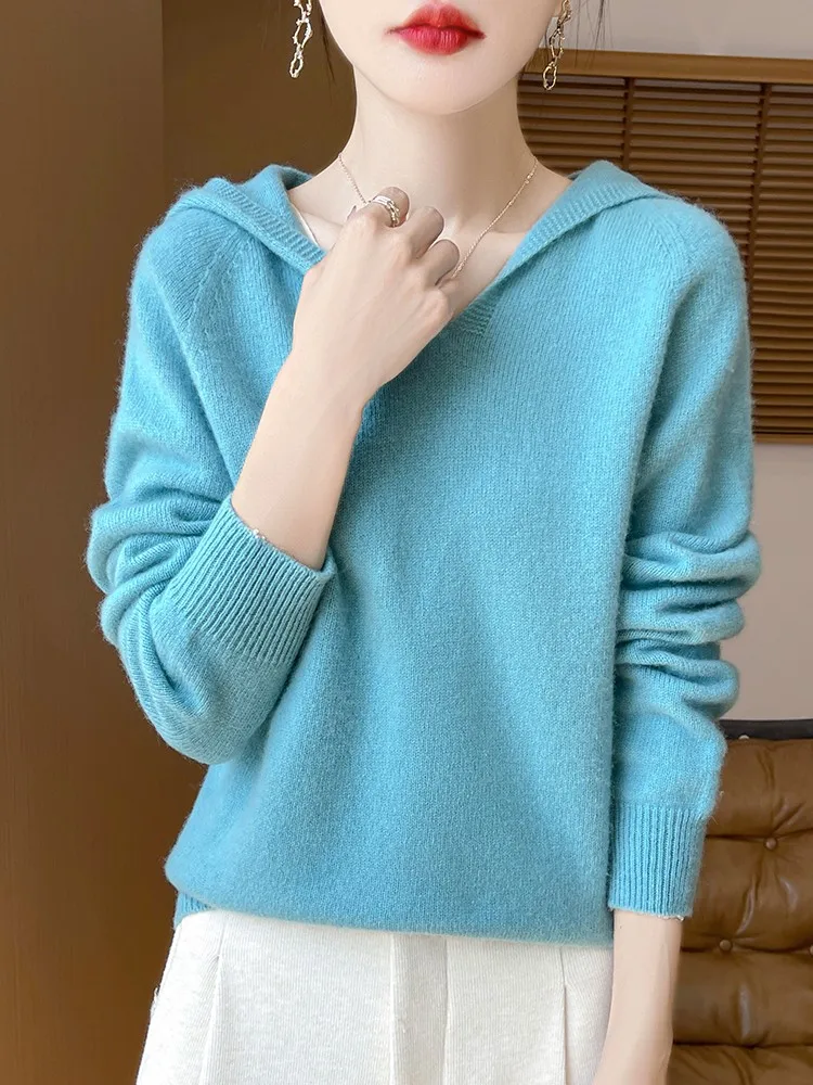 

Women's Long Sleeve V-Neck Knitted Sweater, Monochromatic, 100% Wool, Thick, Warm, Casual Pullovers, Autumn, Winter