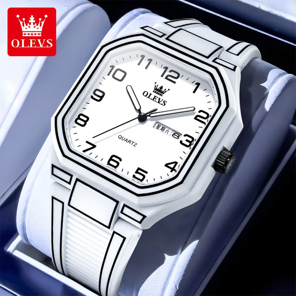 

OLEVS 5661 Mens Watch Original Square Quartz Watch Waterproof Luminous Week Date Sports Watches Silicone Strap Box Gifts