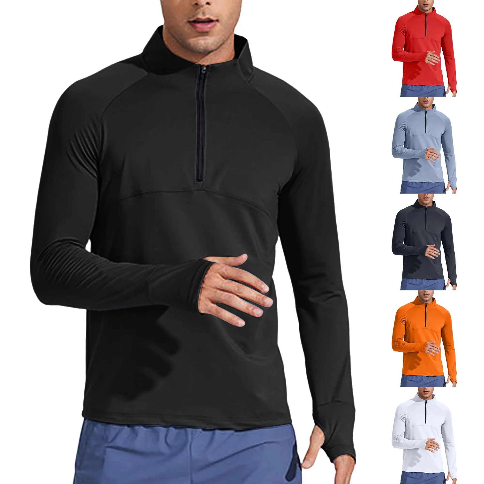 #XS-4XL Men Zip-Up Golf Shirt Thumbhole Long Sleeve Pullover T-shirt Lightweight Quick-Drying Athletic Tops Running Training view 2