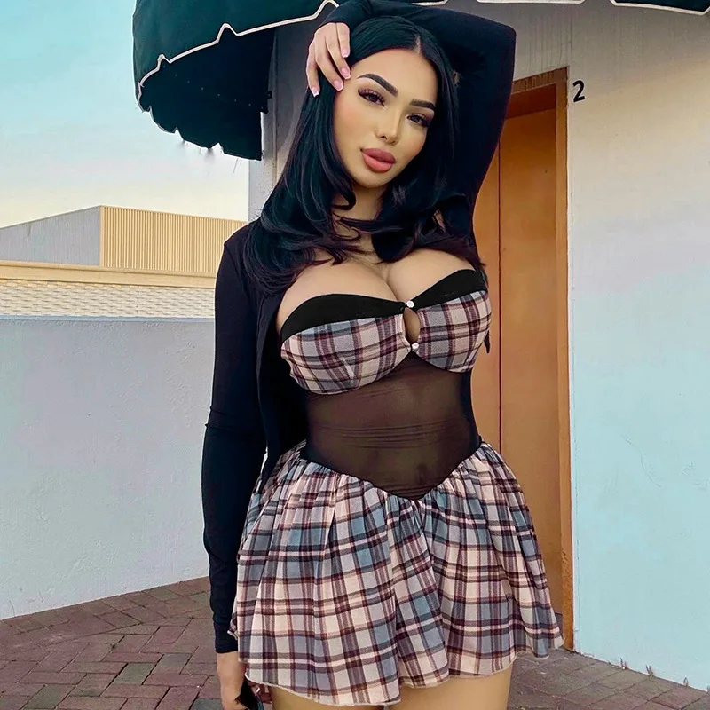 Sheer Mesh Patchwork Plaid Mini Dress Women Sexy Hollow Out Strapless Backless Pleated Party Clubwear Y2K Casual Streetwear