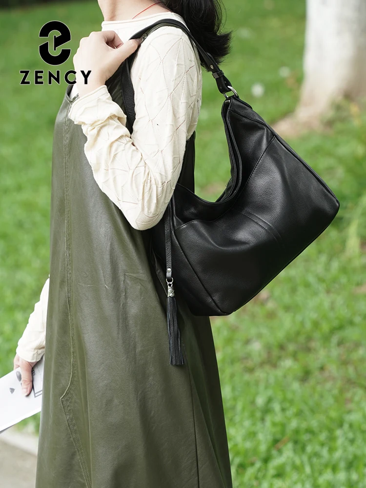 Zency Elegant Beige Tassel Hobo Bag Soft Leather Women's Shoulder Bag 2025 New Handbag Long Strap Crossbody 8 Color Shopper