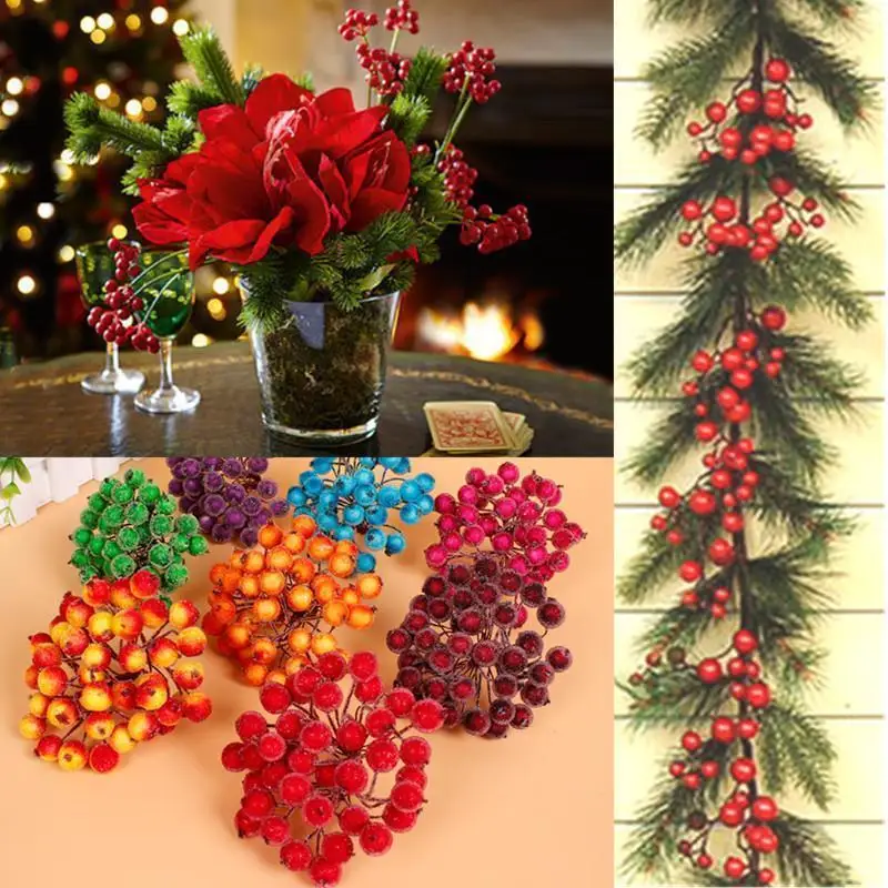 200 pz Mini natale smerigliato frutta bacca agrifoglio fiore artificiale per la festa di natale a casa decorazione fai da te