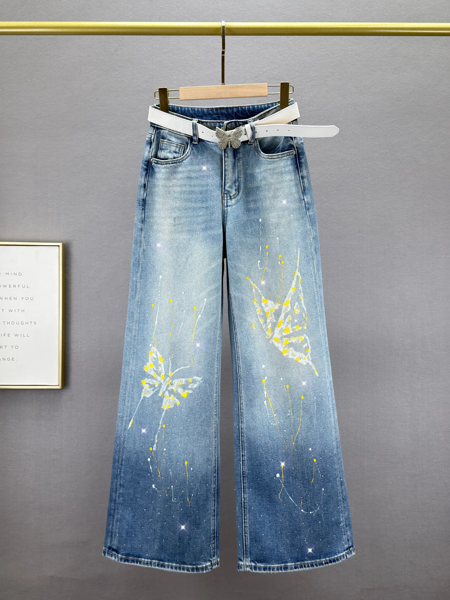 

High Waist Wide Leg Denim Jeans Women's Loose Fit Slimming Vintage Printed Rhinestone Extended Floor-Length Pants