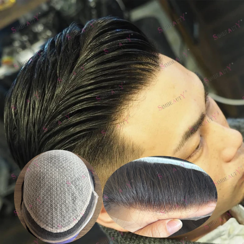 ابيض عقدة الحرير العلوي الدانتيل الجبهة رجل أوروبي الباروكات شعري طبيعي مستقيم متموج سوبر دائم سهلة ارتداء الرجال الشعر المستعار الراحة