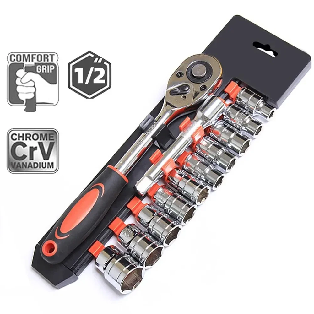 12pcs 1/2 Inch Socket Wrench Set Metric Impact Sockets Ratchet Spanner Complete Tool Kit Professional Garage Repair Tool