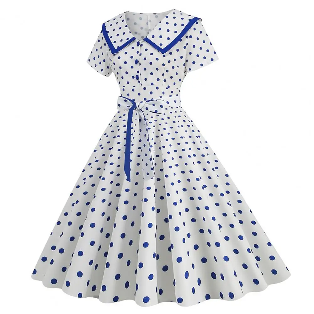 

50s 60s Party Dress Vinatge Big Hem Contrast Color Dot Print High Waist with Belt Back Zipper Short Sleeve Doll Wedding Dress