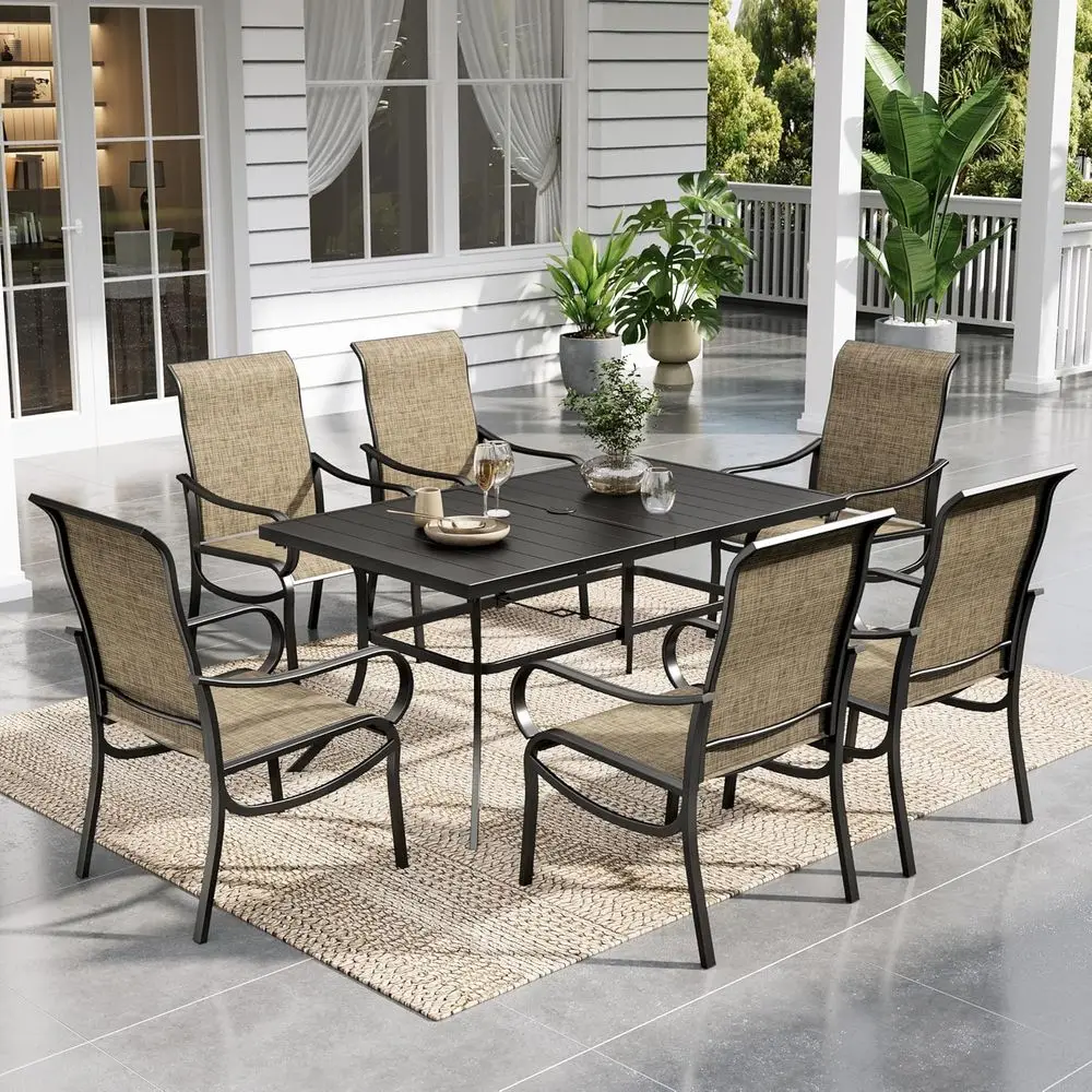 

All-Weather Outdoor 6-Piece Patio Dining Set with Metal Table and Brown Chairs