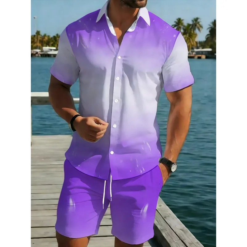 Sommer Herren 2-teiliges Farbverlauf Lila Hemd-Shorts-Set aus Polyester …