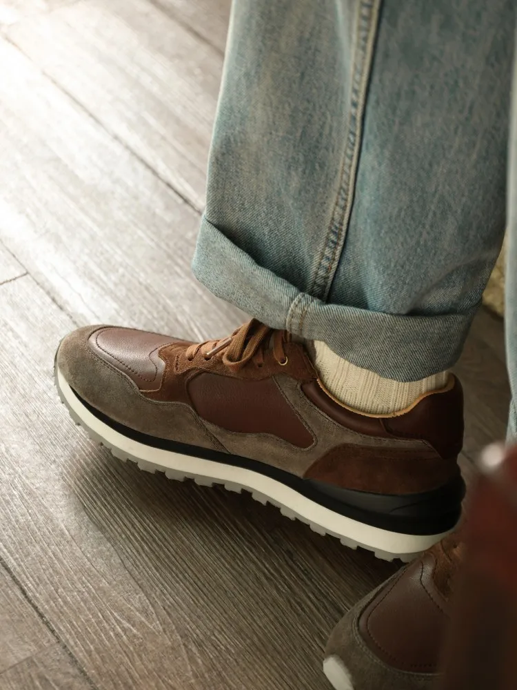 British Style Vintage Men Mixed Color Round Toe Cowhide Genuine Leather Sneakers Lace Up Breathable Running Trainers Sport Shoes