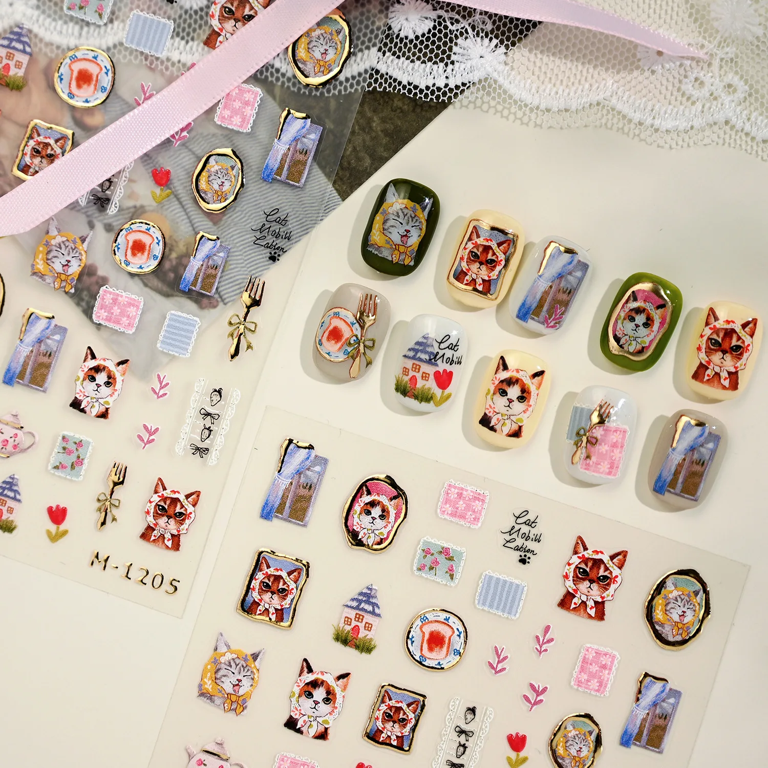 สติกเกอร์ติดเล็บลายปั๊มร้อน ลายผ้าโพกศีรษะ ลายแมว ลายกาน้ำชา ลายส้อม ลายดอกทิวลิป ลายเสือดาว สีส้ม สีดำ ลายลูกแมว ลายอุ้งเท้าปลา สำหรับตกแต่งเล็บ