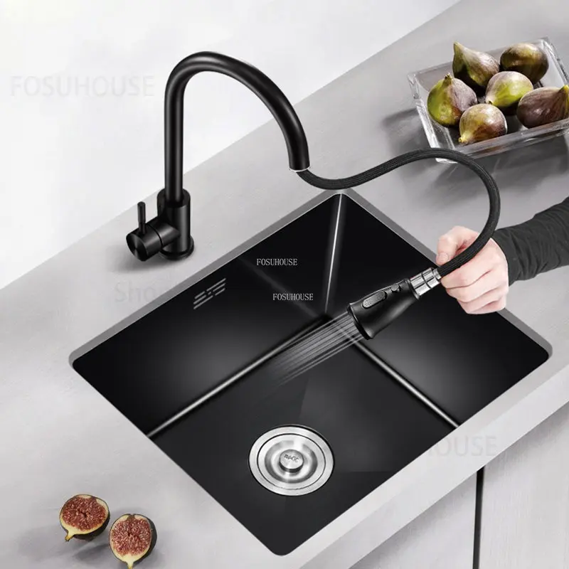 Black Nano Kitchen Sinks Under Counter Basin Single Slot Kitchen Bar Mini Small 304 Stainless Steel Vegetable Basin Accessories