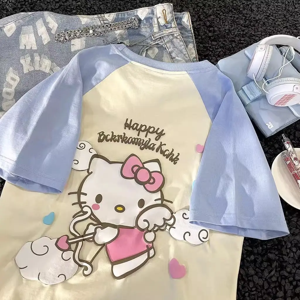 Hello Kitty Sanrio t-shirt grigia Kawaii Cartoon Print Cotton Top o-collo camicie oversize Streetwear Splicing Top abbigliamento donna