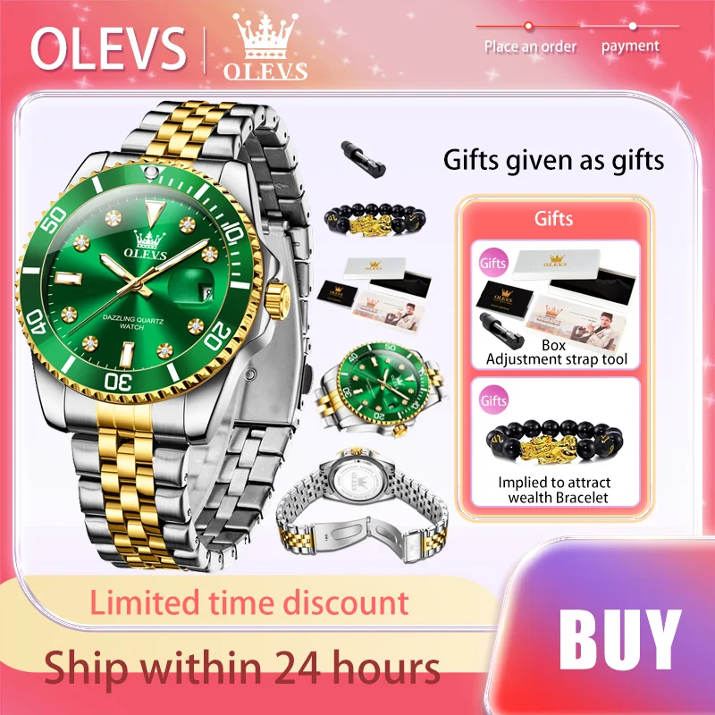 

OLEVS Luxury Brands Original Men Watch Luminous Green Dial Quartz Watch Waterproof Stainless Steel strap Calendar Authentication