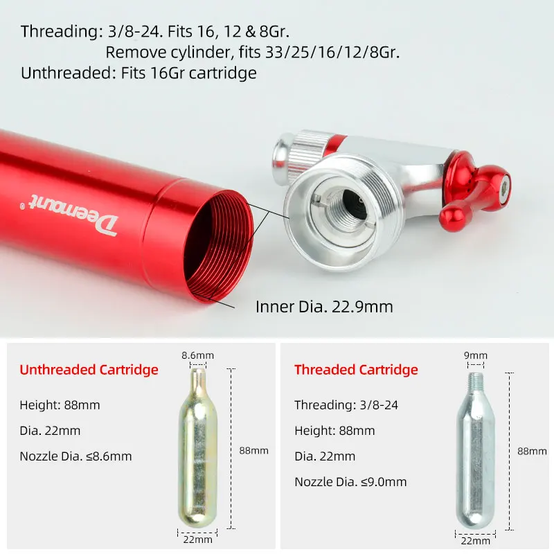 Gonfleur de CO2 pour vélo, convient à la assujetde grattage Presta, route VTT, opathie, pompage rapide, fileté 16G, 12G, 8G, cartouche non filetée 16G