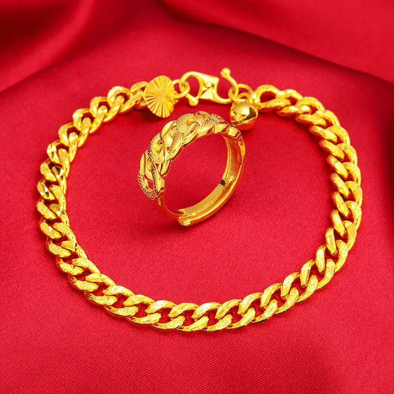 Copy 100% pure gold  Vietnamese Sand Gold Vintage Twist Bracelet Set Gold Plated Perfect Wedding Festival Gift