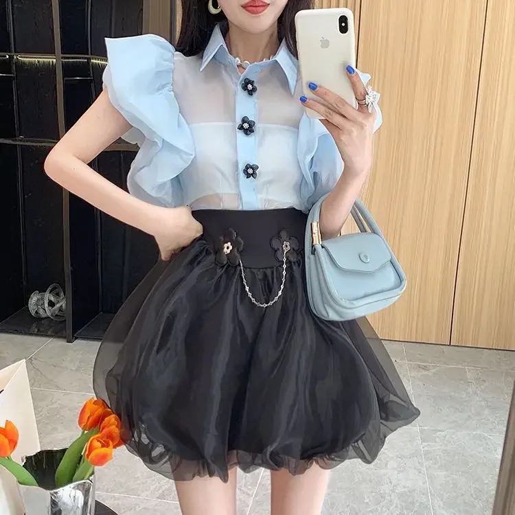 Gagarich Exquisite Set Skirt Summer Bubble Sleeves Shirt Fluffy Half Skirt Luxury Feeling Sweet Cool 2 Piece Set Women Clothing