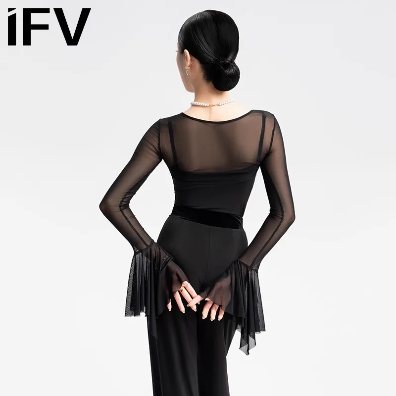 맞춤형 IFV 현대 볼룸 댄스 드레스 라틴 댄스 슬리브 캐미솔 탄성 메쉬 탑 성능 복장 여성 의류