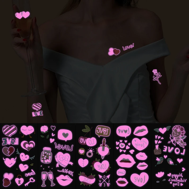 Valentine's Day Love Heart Fluorescent Stickers Temporary Skin Art Tattoo for Face Body Music Concert Party Night Club