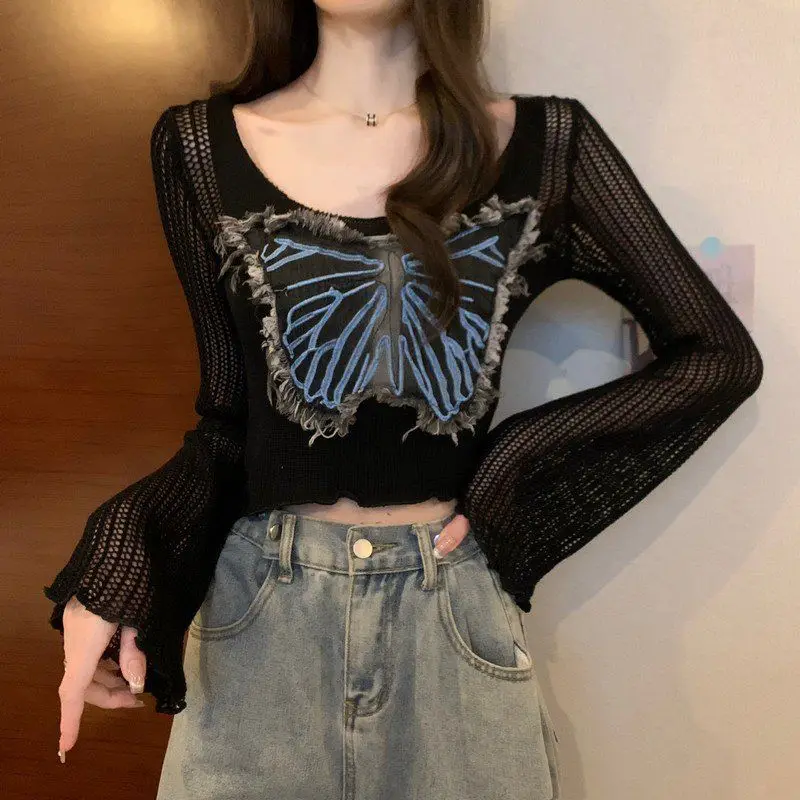 Large size 3D bow 2024 women summer Ruffles pagoda sleeve short Sweater spring Slim V-neck Long sleeved Hollowing out Pullovers