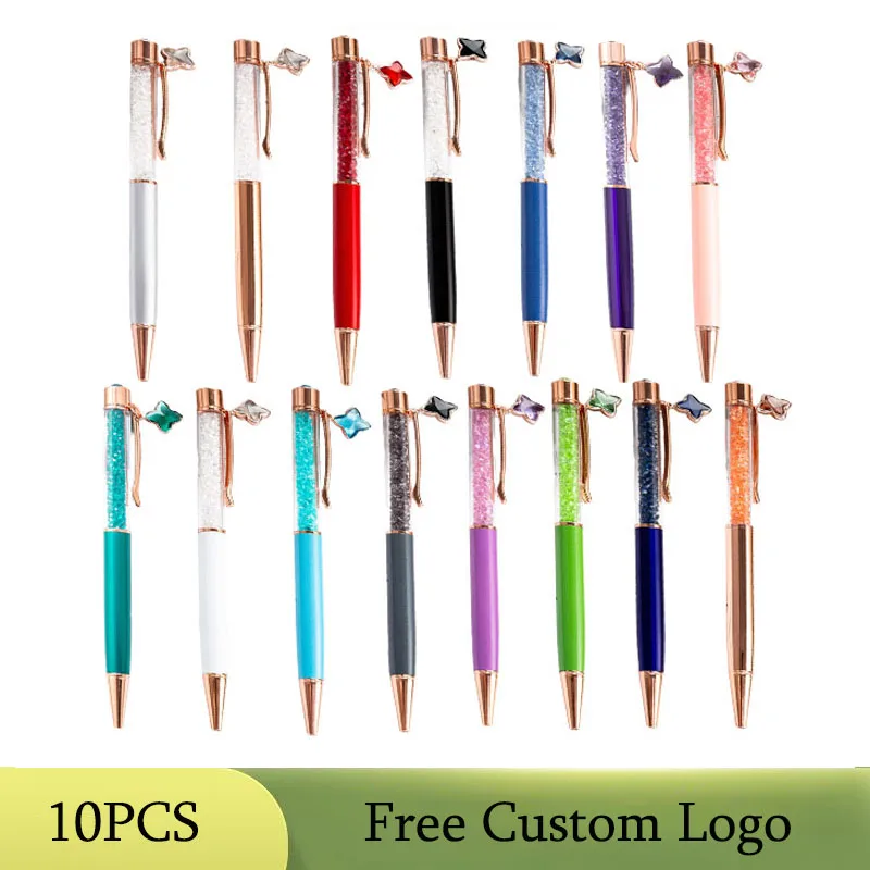 

10 шт., шариковая ручка с металлическим кристаллом и четырьмя листами клевера, рекламный офисный подарок, алмазная ручка, бесплатный логотип, вращающиеся шариковые ручки