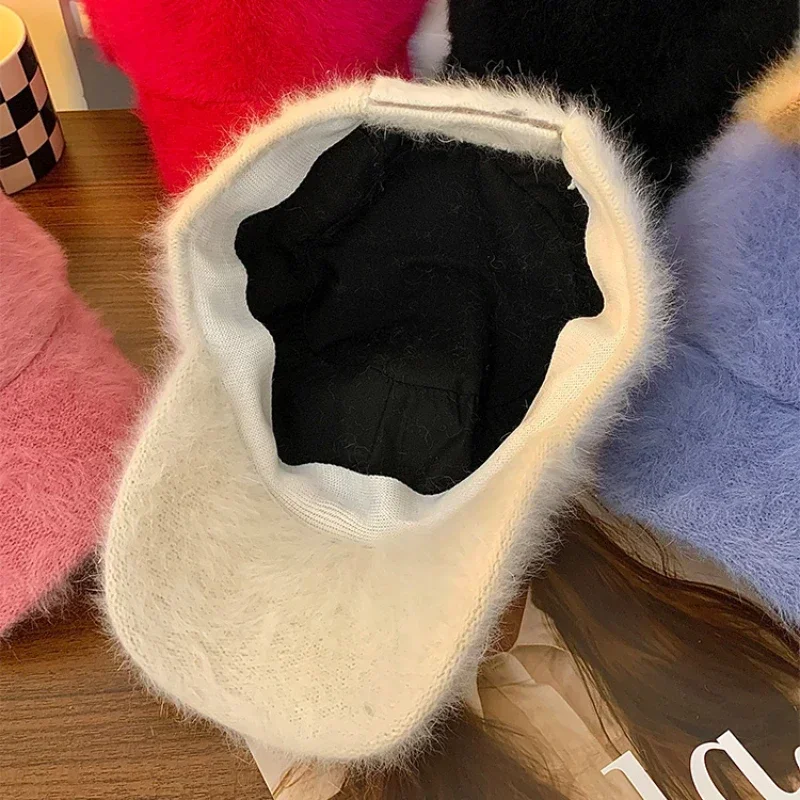 Ins Solid Color Rabbit Hair Baseball Caps Women Autumn and Winter Korean Versatile Warm Show Face Small Plush Duck Bill Hat