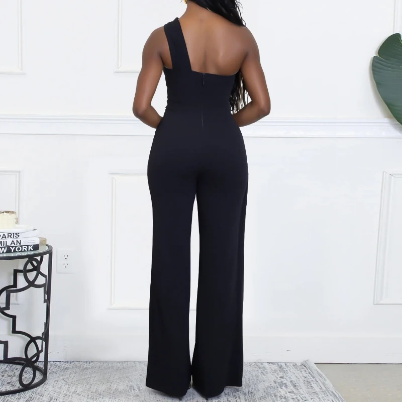 Casual dames jumpsuit 2025, mode, één schouder, mouwloos, metalen riem, decor, overall, hoge taille, wijde pijpen, sexy feestromper, nieuw