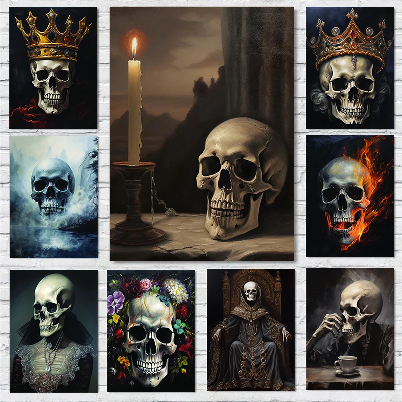 Gotisches Totenkopf-Porträt Poster Dunkler Stil Skelett-Drucke Leinwandgemälde Totenkopf Wandkunst Bilder Wohnzimmer Dekoration