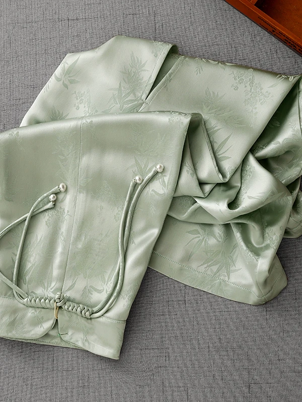 กระโปรงสไตล์จีนใหม่ ผ้าอะซิเตทลายปักไม้ไผ่ ไซส์ใหญ่สำหรับผู้หญิง กระดุมพู่ห้อย เอวสูง สไตล์จีนดั้งเดิม