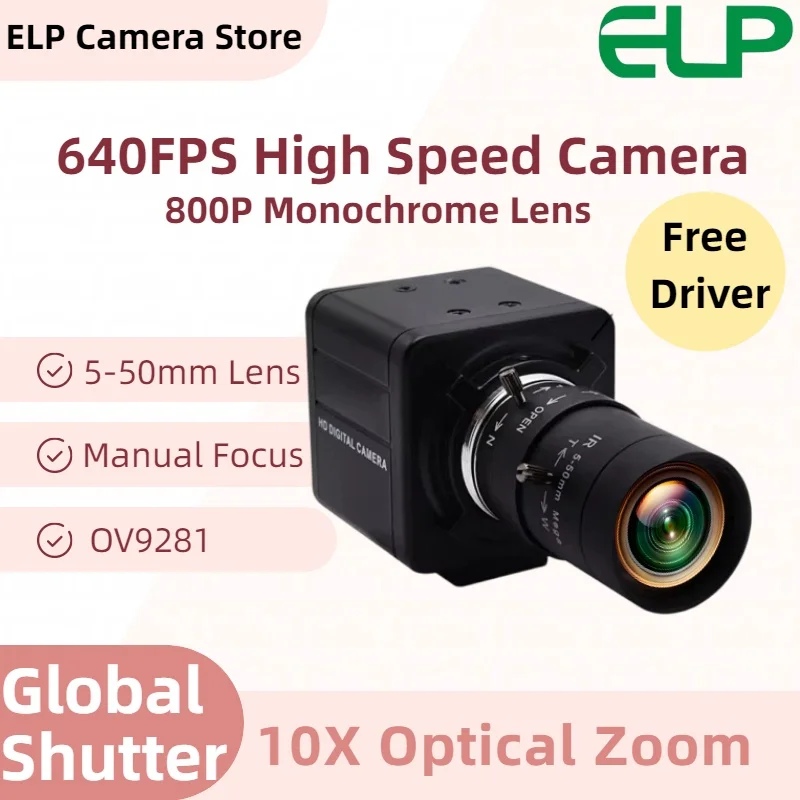 ELP 640fps 210fps Global Shutter USB Camera 800P OV9281 Monochrome Webcam With 5-50mm Varifocal CS Lens for High speed Motion