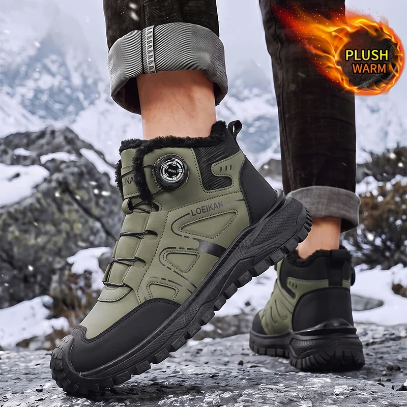 Herren Winter Warme Stiefeletten, Hohe Stiefel mit Fleece-Futter, Schneeschuhe mit Drehverschluss, Rutschfeste Dicke Sohle, Freizeitstiefel – Detail 7