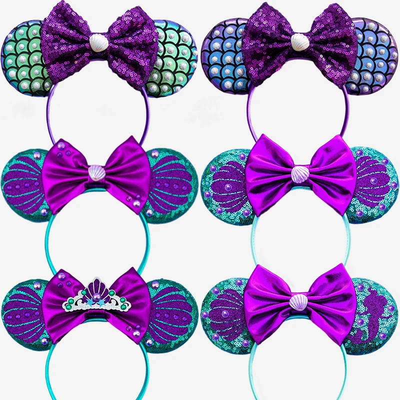 

The Little Mermaid Ears Headwear Ariel Hair Bands Girls Sea Shell Hair Accessories Kid Sequins Bow Crown Disney Hairband Women