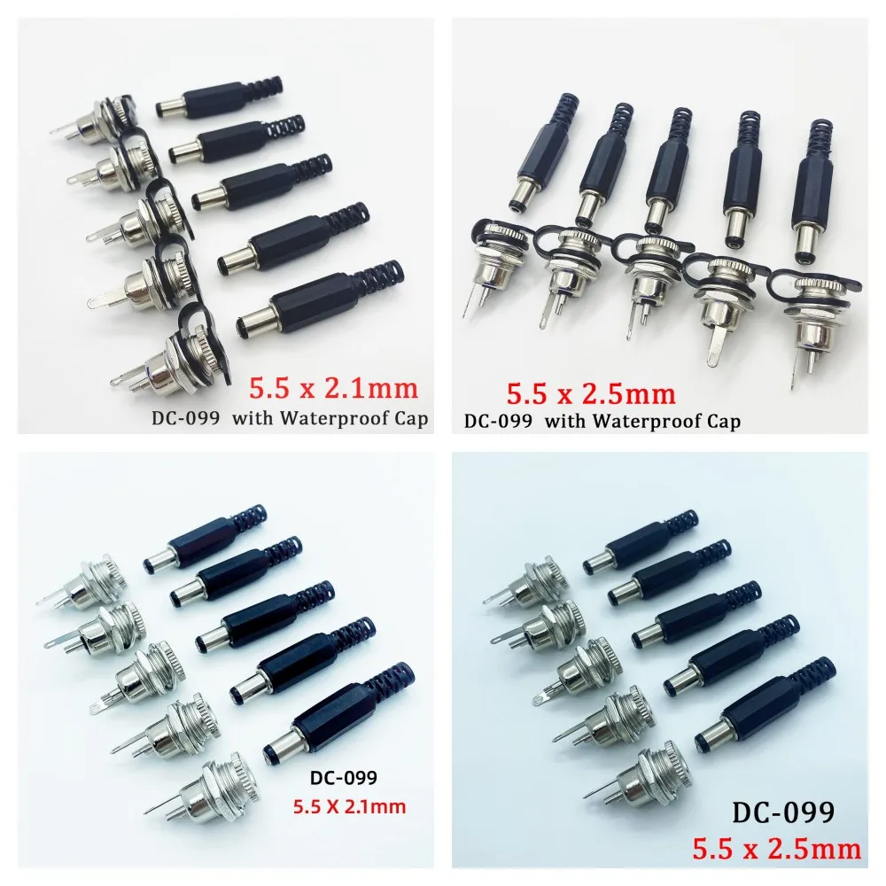 5Pcs/5Pair DC099 022 Power Socket Screw Nut Panel Connector 9mm/14mm Male DC Power Plug Terminals 5.5 mm x2.1 mm 5.5 mm x2.5 m