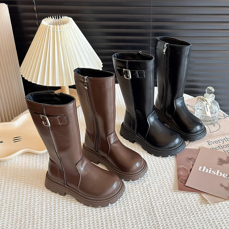 

Детские высокие сапоги для девочек, осень-зима 202, новая мода в корейском стиле, нескользящая универсальная обувь принцессы на мягкой подошве для подиума