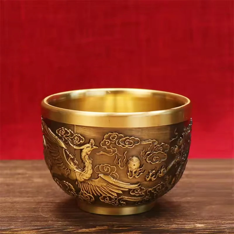Buona fortuna Phoenix Cilindro Ornamento Tazza da bere tradizionale in ottone intagliato a mano Ottone puro Ottone Feng Shui Ciotola Ornamento fortunato