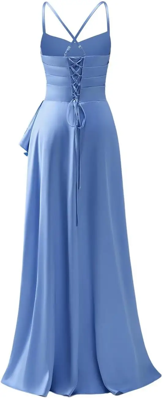 فستان وصيفة العروس بأشرطة سباغيتي طويل مع شق الكشكشة فستان الحفلة الراقصة مطوي الساتان فساتين رسمية فستان رسمي أنيق للنساء #2