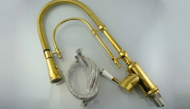 Brass Body Cold and Hot Mixer Spring Royal Brass Gold Kitchen Faucet
