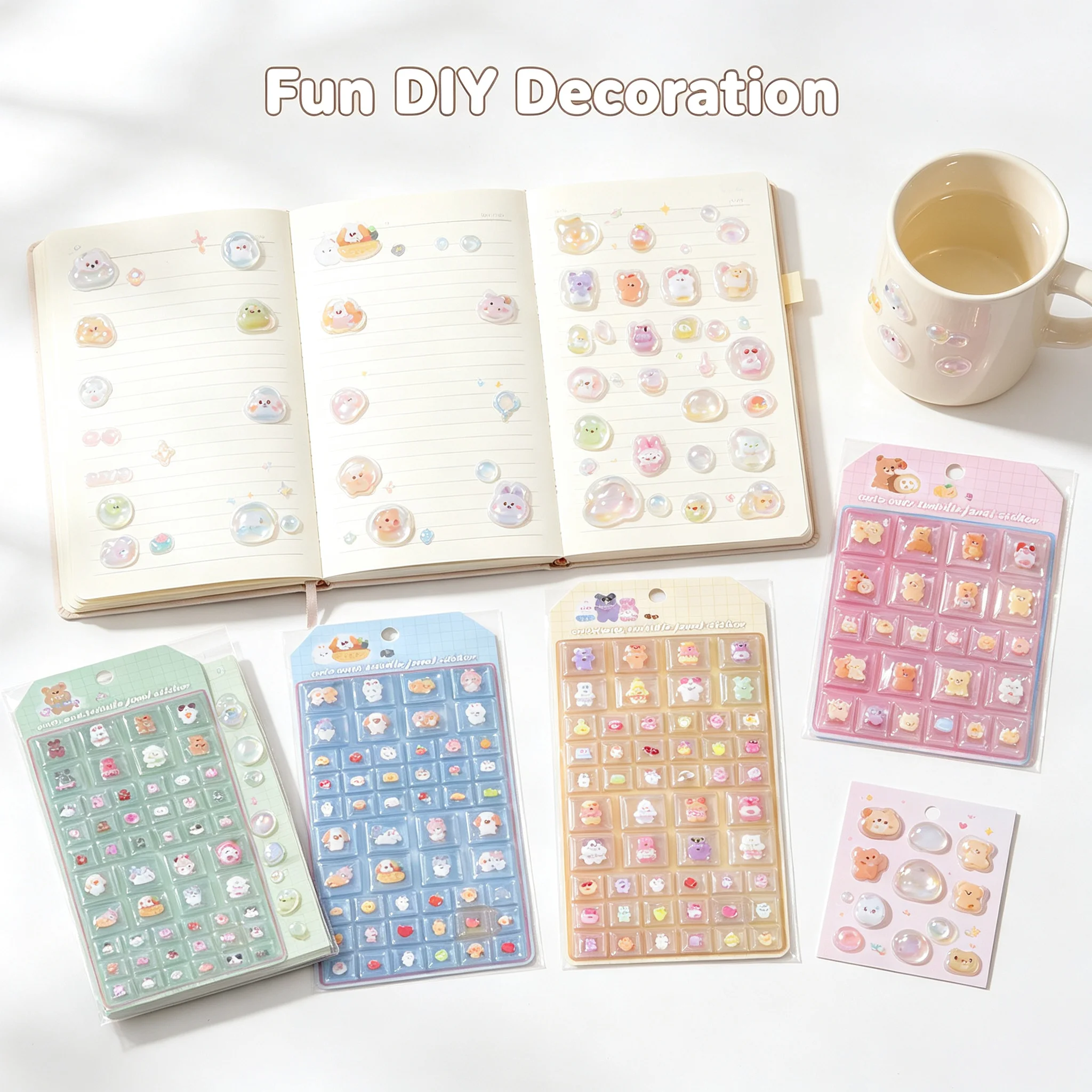 Mini Cartoon Pet Square Puffy Stickers, 4 Sheets 3D Cute Animal Self Adhesive Small Decal Stickers for Scrapbooking Journal DIY