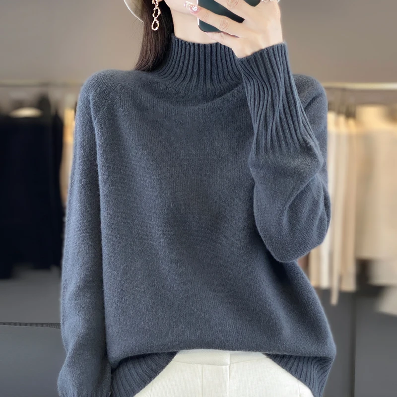 2024 Autumn/Winter New Fashionable Knitted Half High Neck Side Vertical Pattern Slimming Woolen Sweater