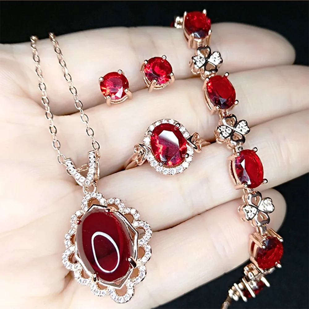 

remium Jewelry Set Women Shiny Imitation Pigeon Blood Ruby Set