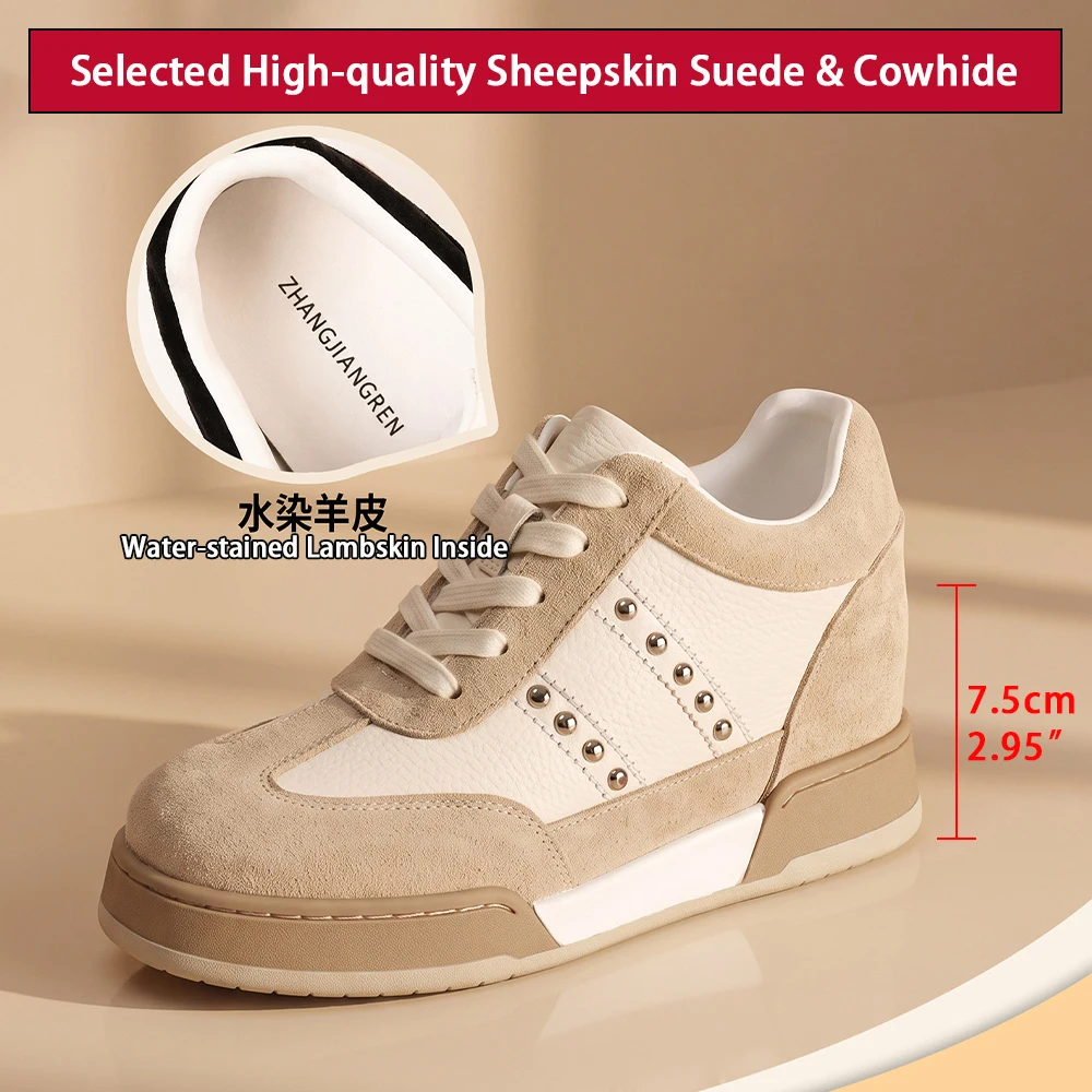 ZJR 7.5cm Lightweight Elevator Shoes Women's Hidden Wedge Sneakers Genuine Leather Height Increasing Shoes with Arch Support