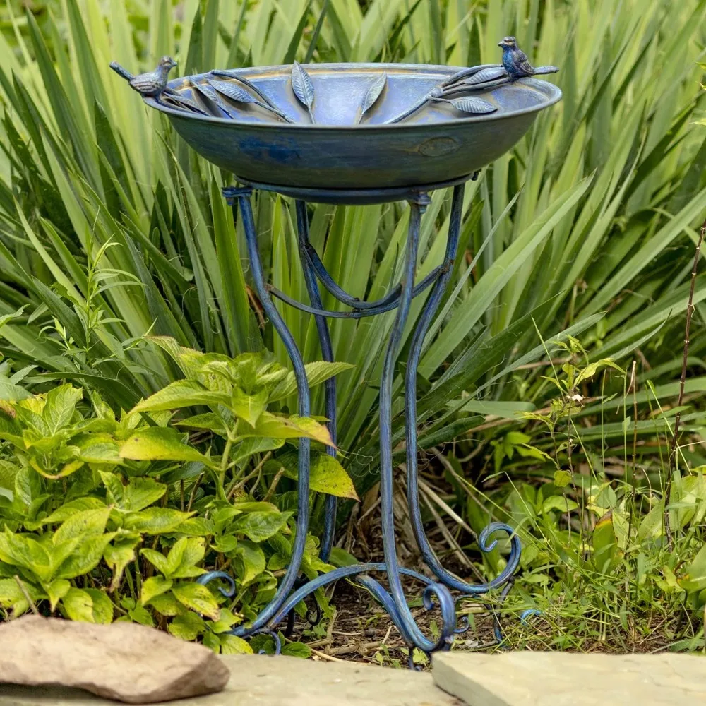 

Deep Well Made Metal Birdbath with 2 Cast Iron Birds and Leaf Decoration (Frosted Blue)